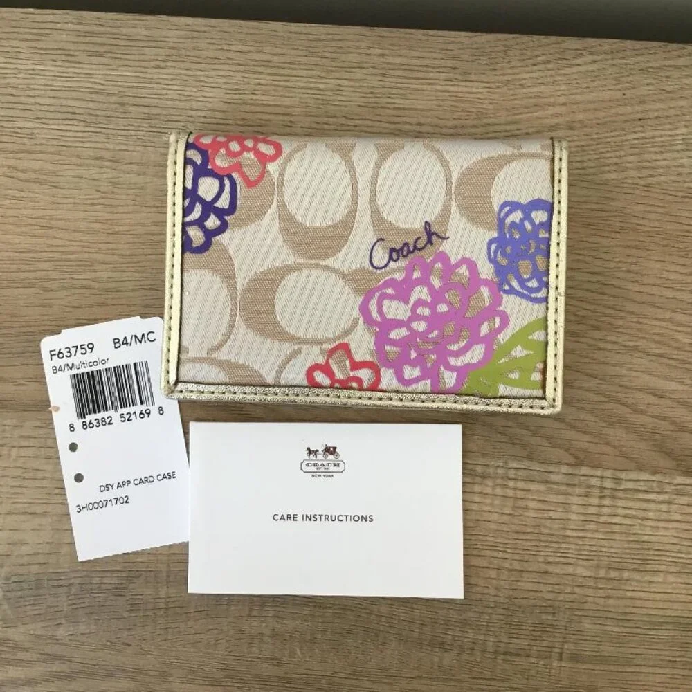 Coach Floral Signature Canvas Card Case in Tan, Pink, Purple, Green